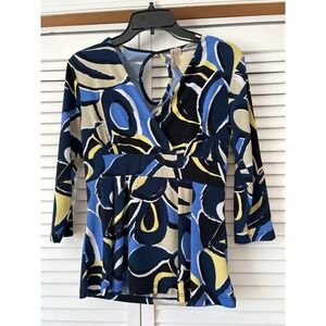 Susan Lawrence Petite Women's Abstract‎ Print V-Neck Babydoll 3/4 Sleeve Top PS